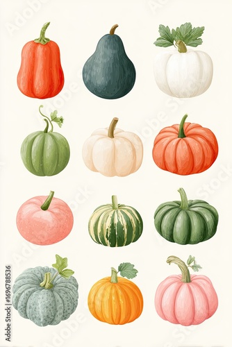 Colorful pumpkins and gourds collection forming a beautiful autumnal still life