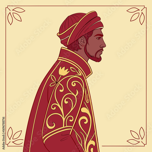 Illustration of a handsome arabian king with turban and red cloak