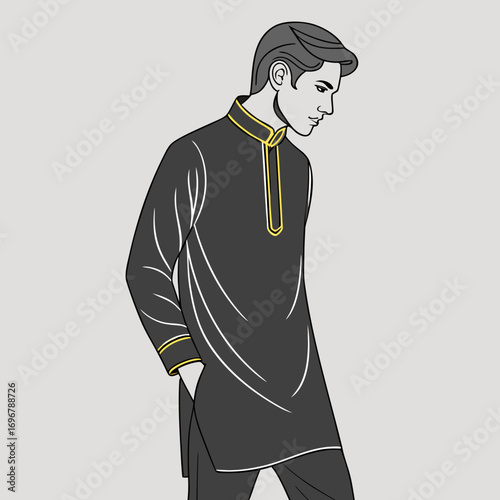 Illustration of a man in black kurta pajama with hands in pocket