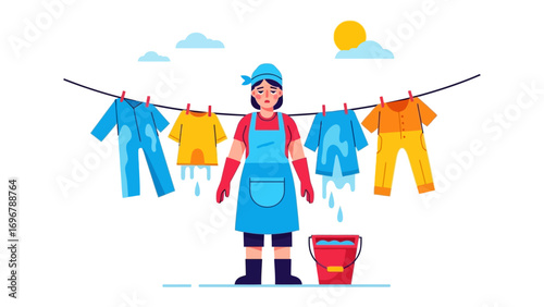 Laundry Day: A woman, with her attire and red gloves, hangs freshly washed clothes out to dry under a sun-drenched sky, a symbol of domestic life and household chores.