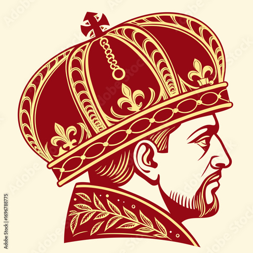 Illustration of a handsome king with crown and red cloak
