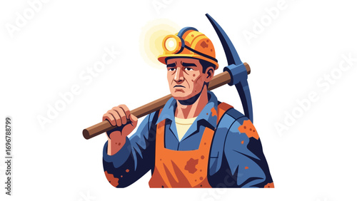 Hardworking Miner: A strong, resolute miner with headlamp and pickaxe embodies determination. Standing confidently with his tool over his shoulder.