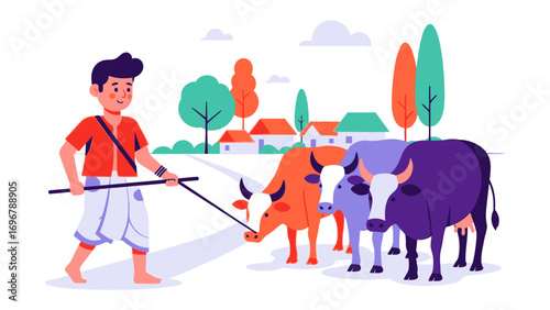 Farmer and Cattle: A vibrant illustration of a farmer tending to his cattle, representing rural life and agricultural practices, with bold colors and a modern illustrative style.