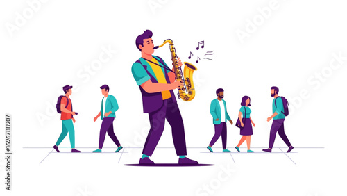 Saxophone Serenade in the City: A skilled saxophonist captivates passersby with a soulful melody in a bustling urban setting.  A musical fusion where art, people, and sound merge