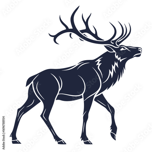 Silhouette of a majestic elk with large antlers walking moose deer