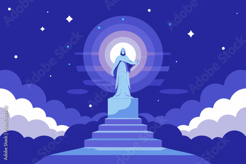 a spiritual scene depicting a revered figure on a 
