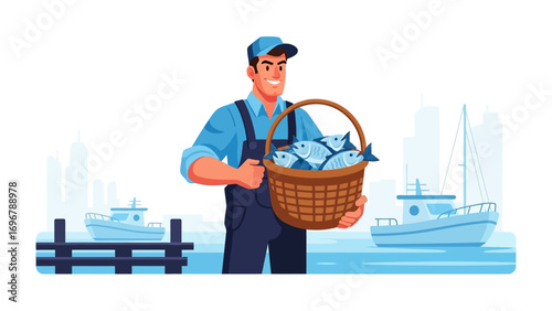 Coastal Bounty: A skilled fisherman proudly presents his fresh catch, a wicker basket overflowing with the bounty of the sea, against the backdrop of boats, and a calm bay.