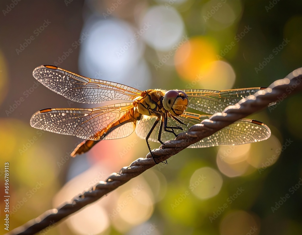 Naklejka premium Dragonfly perched on wire, sunlight