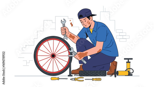 Bicycle Repair: The image illustrates a focused bicycle mechanic repairing a bicycle wheel in a clean, uncluttered urban scene, showcasing the craft and attention to detail.