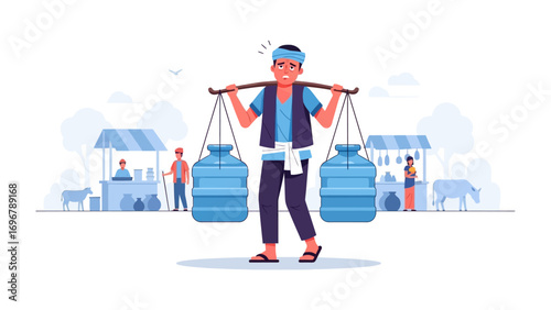 Water Carrier's Journey: A diligent water carrier navigates a bustling marketplace, his shoulders bearing the weight of two water bottles. This vector illustration paints a picture of daily life.