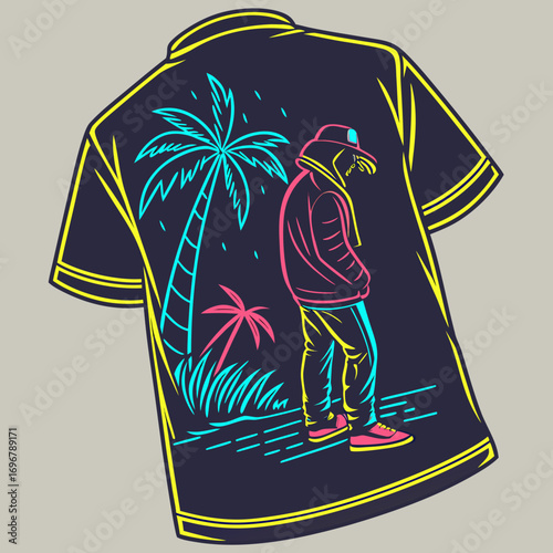 Vector art of dark blue shirt with a man and palm trees vector illustration