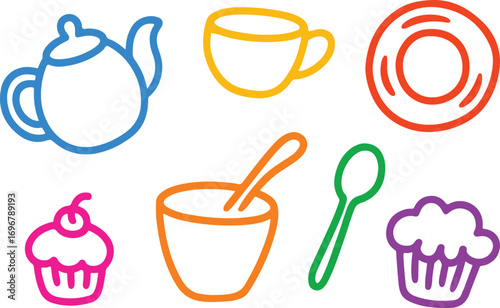 Colorful kitchen tea party doodles with cupcakes, teapot, and baking items for kids
