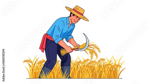 Harvesting the Bounty: A hardworking farmer in a straw hat carefully harvests golden wheat, demonstrating the traditional methods of agricultural practice.