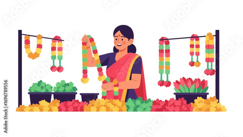 Aroma of Tradition: A woman, adorned in vibrant traditional attire, is showcasing colorful floral garlands in a lively street market, offering a vibrant display of culture and celebration.
