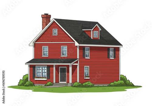 Charming red house with black roof and lush green bushes, isolated on white background, showcasing classic architecture and inviting curb appeal