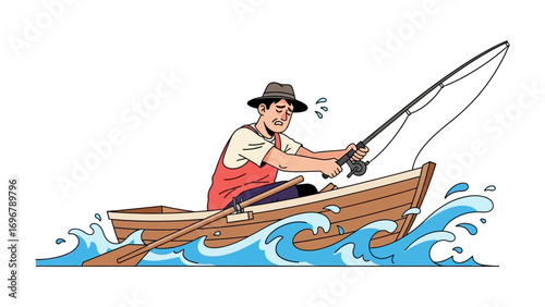 Fishing Adventure: The man in a boat has a fishing rod, trying to catch something in the sea. It's his great hobby. 