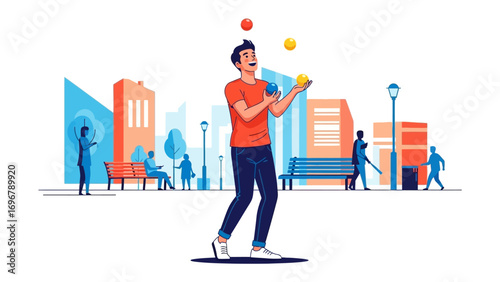 Joyful juggling: A young man, absorbed in a colorful display of skilled juggling, entertains with vibrant balls in a dynamic city park scene.  