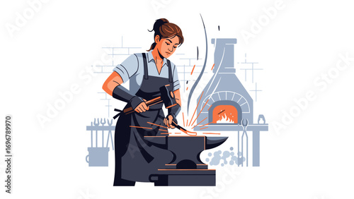 The Smithy's Craft: A skilled artisan, enveloped in her element, focuses on forging metal in the heart of her workshop, sparks flying with each strike of the hammer.