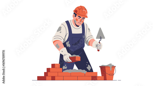 Building the Future: An illustration of a skilled construction worker meticulously laying bricks to construct a solid wall, symbolizing progress and craftsmanship.