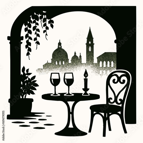 An illustrated vintage set of travel icons, featuring the Taj Mahal, a mosque, and Islamic calligraphy in Agra, India