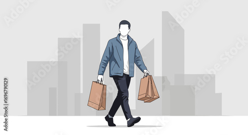 Person Returning From City Shopping With Paper Bags Purchases Against Urban Silhouette