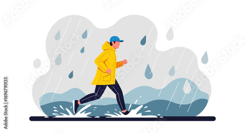Person Running In Rain Wearing A Yellow Raincoat Illustrated In Vector Graphics