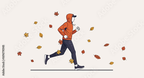 Person Running Outdoors Amidst Falling Autumn Leaves During A Windy Day