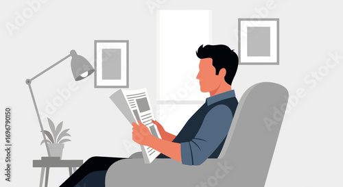 Person Seated Comfortably Reading Newspaper Indoors And Enjoying Peace And Quiet Calmly