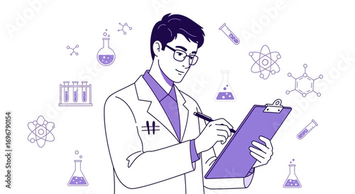 Scientific Illustration of A Lab Technician Analyzing Research on A Clipboard