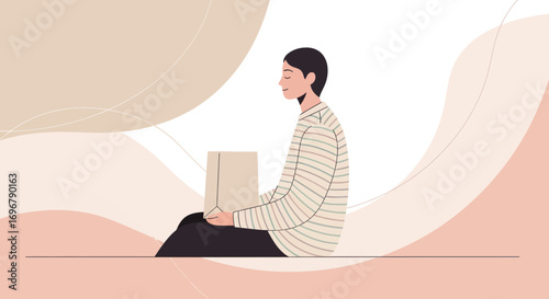 Person Serene, Holding Package, Sitting In Silence, Pastel Colors Artistic Illustration