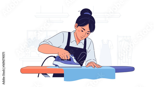 Woman Ironing Clothes: A dedicated woman meticulously irons clothes on an ironing board, showcasing precision and care in her daily chores and highlighting the importance of neatness and presentation.