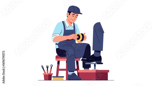 Shoemaker Polishing: A skilled shoemaker meticulously polishes a shoe, demonstrating craftsmanship and care in a clean, bright environment.