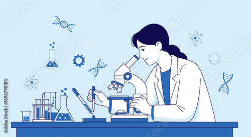Scientific Research: A Dedicated Scientist Uses Microscope For Study And Experiments