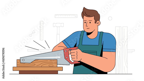 Woodworker in Action: A skilled craftsman expertly saws a piece of wood with a hand saw, showcasing precision and expertise in woodworking.