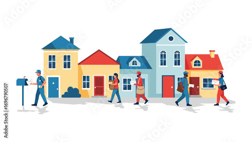 Neighborhood Delivery: A cheerful band of postal workers diligently delivering mail throughout a charming residential neighborhood. Capturing the essence of community, timely delivery.