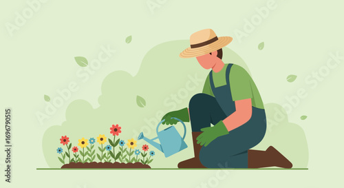 Person Watering Flowers in the Garden, Gardening Illustration, Sunny Day and Hobby