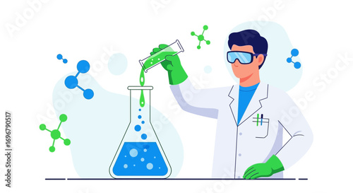 Scientist Conducting Laboratory Experiment Pouring Liquid Into Conical Flask Illustration