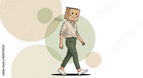 Person With Paperbag Head Walking Forward Amidst Gentle Geometric Forms For Illustrations.
