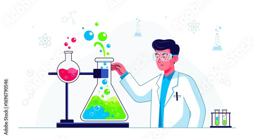 Scientist Conducting Experiments With Colorful Liquids In a Laboratory, Futuristic Science