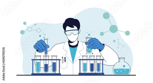 Scientist Conducting Laboratory Experiment With Test Tubes And Chemical Molecular Structures