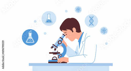 Scientist Conducting Laboratory Research with Microscope and Science Symbols Abstract Illustration