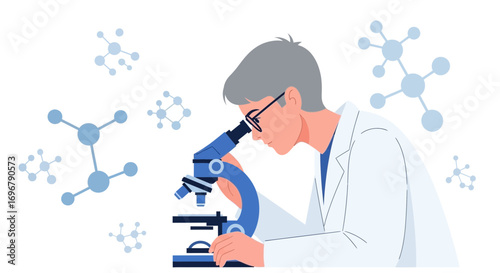 Scientist Conducting Research, Examining Microscopic Elements, Science And Discovery Process