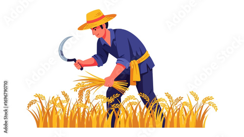 Harvesting Wheat Field: In a vibrant depiction, a farmer diligently harvests a bountiful wheat field under the warm sun, embodying the essence of agricultural life.