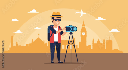 Photographer Capturing Cityscape Views with Camera and Tripod During Travel Adventure