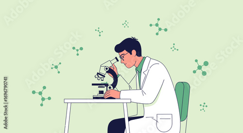 Scientist Examining Specimen Under Microscope: Scientific Research and Detailed Illustration
