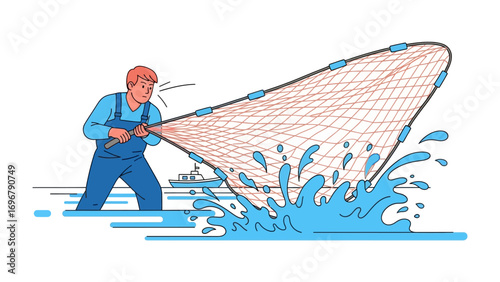Fisherman in Action: A robust fisherman casts his net into the sea, capturing a moment of determination and the pursuit of his livelihood, evoking themes of labor, sustainability.