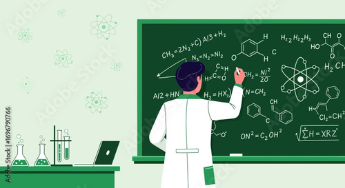 Scientist Explaining Chemical Formulas On Chalkboard While Teaching And Illustrating Science