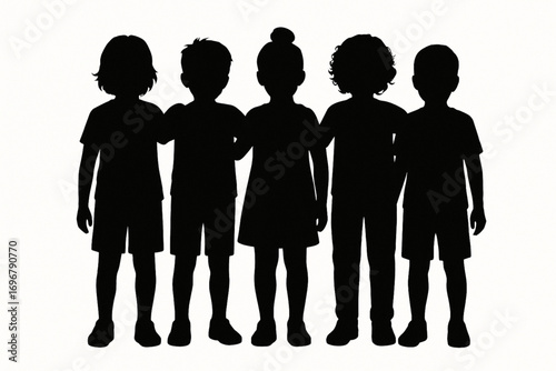 Silhouette Vector of Children Standing Together in Stencil Style