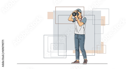 Photographer Capturing Moment With Abstract Background Line Art Style Illustration