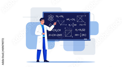Scientist Explaining Complex Chemical Formulas On A Blackboard And Teaching